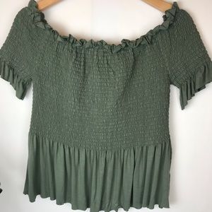 Love Tree | olive green ruched off shoulder top